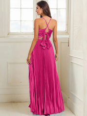 Fuchsia A Line Spaghetti Straps Pleated Long Prom Dress