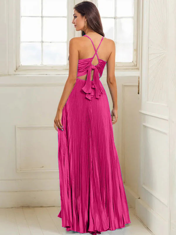 Fuchsia A Line Spaghetti Straps Pleated Long Prom Dress