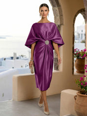 Half Sleeves Mermaid Satin Tea Length Long Evening Dresses with 3D Flower