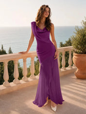 One-Shoulder Draped Chiffon Floor-Length Evening Dresses with Long Cape Sash