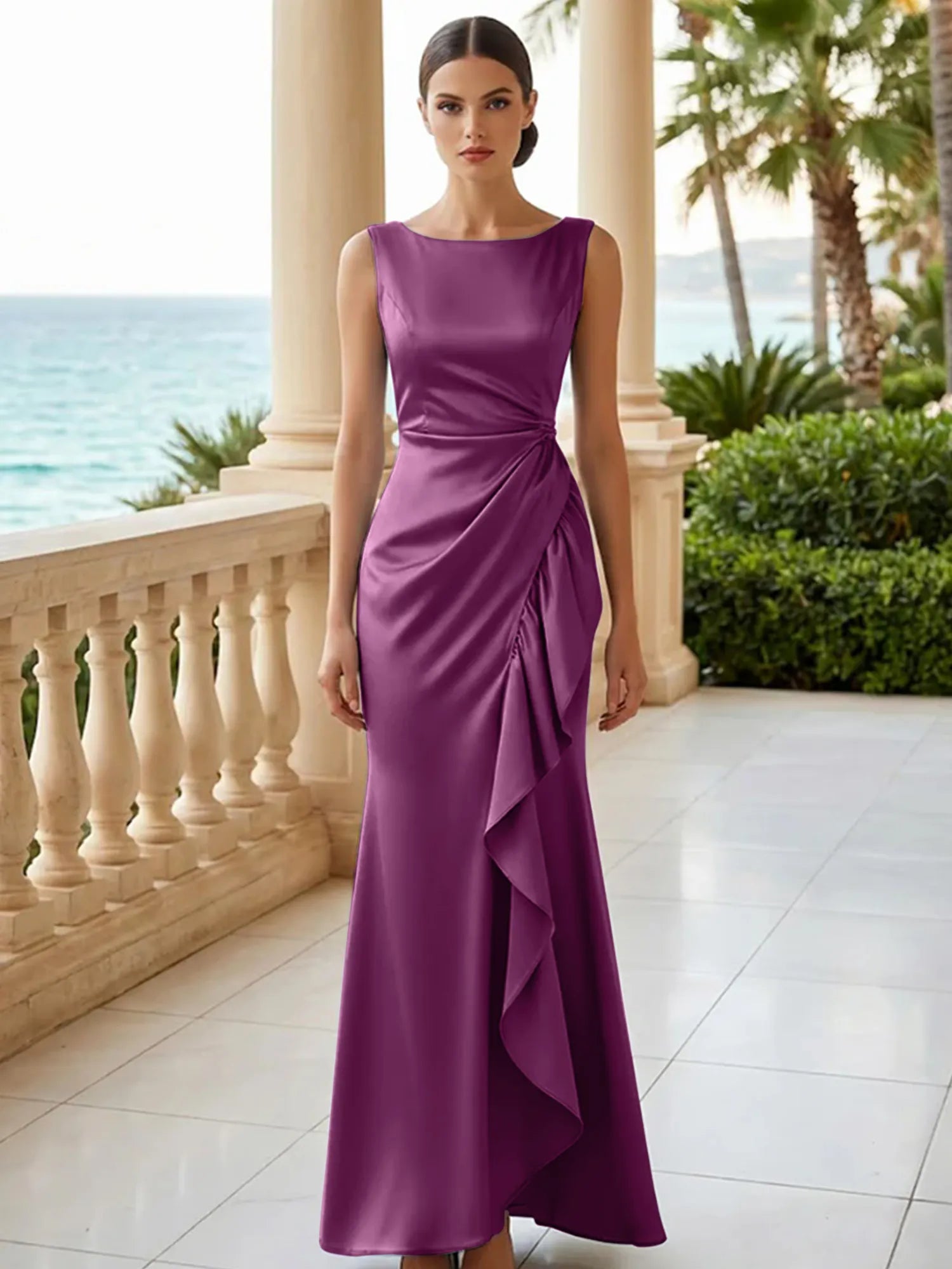 Dusty Blue Scoop Neck Evening Dress with Ruffle Mermaid Maxi Dress