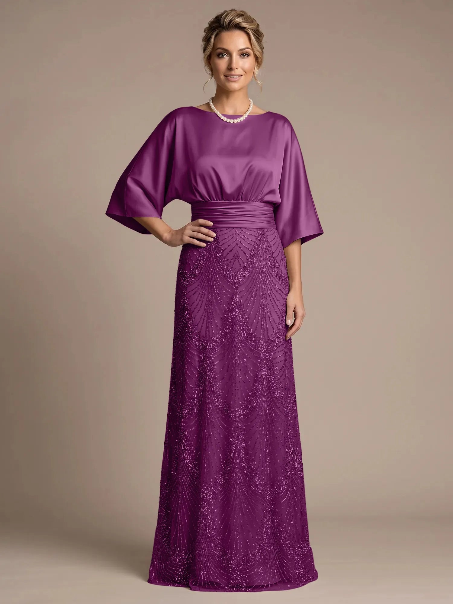 Bateau Neck Satin Evening Gown with 3/4 Batwing Sleeves Mother of The Bride Dresses
