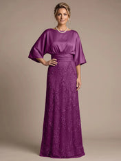 Bateau Neck Satin Evening Gown with 3/4 Batwing Sleeves Mother of The Bride Dresses
