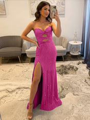 Glamorous Royal Blue Linear Beaded Cutout Prom Dress with Slit