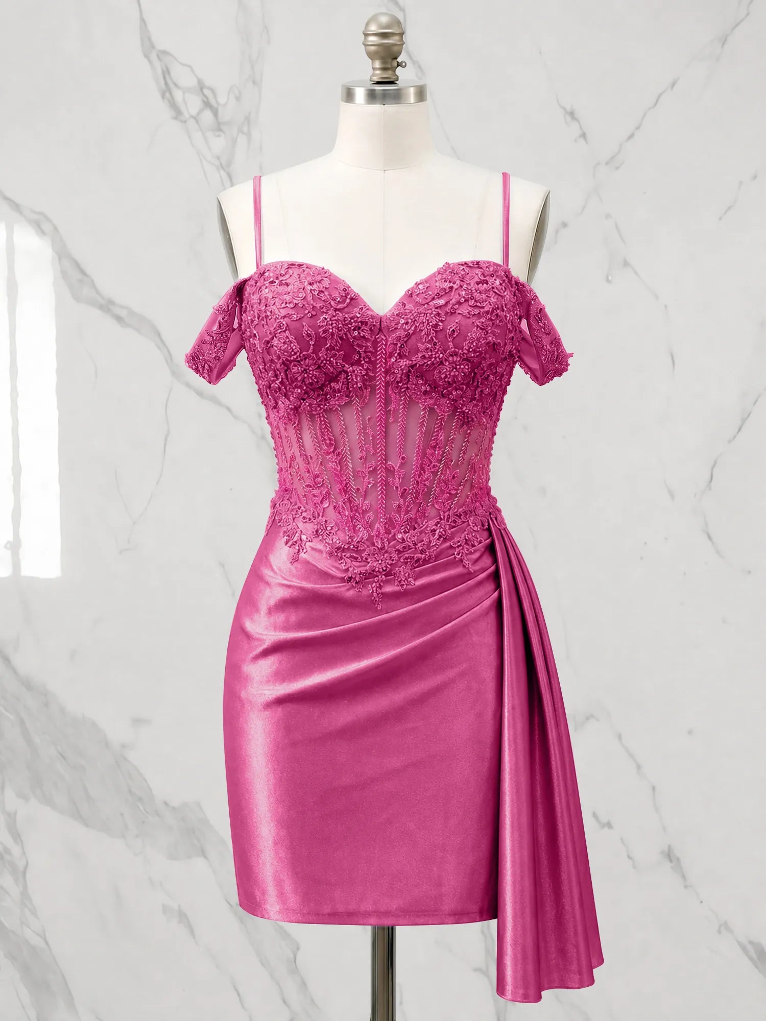 Sweetheart Sheer Corset Mini Dress with Cascading Side Drape Homecoming Dresses