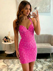 Glamorous Champagne Pearl Beaded Corset Short Homecoming Dress