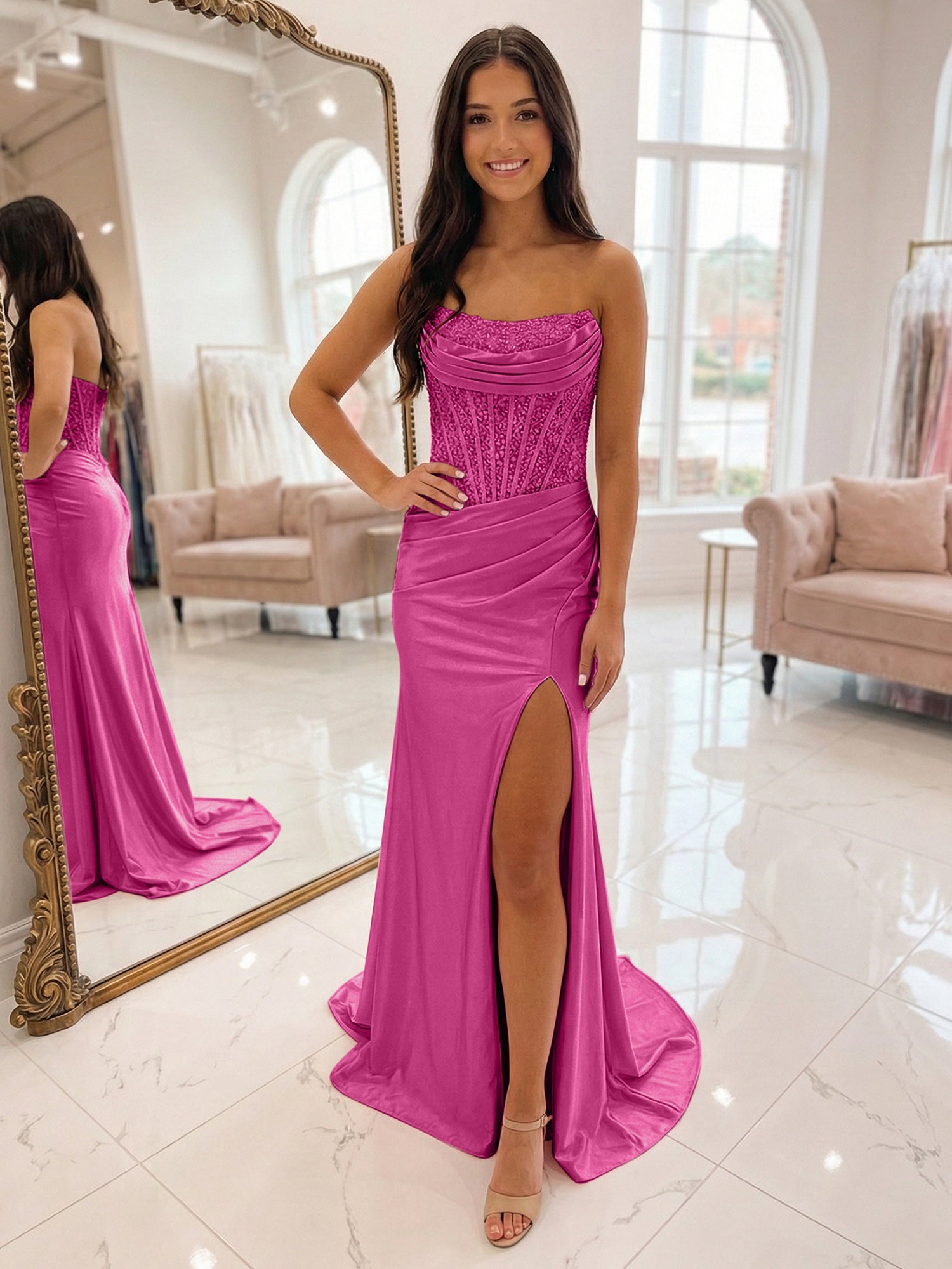 Romantic Pink Satin Corset Slit Prom Dress with Beaded Bodice