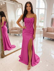Romantic Pink Satin Corset Slit Prom Dress with Beaded Bodice