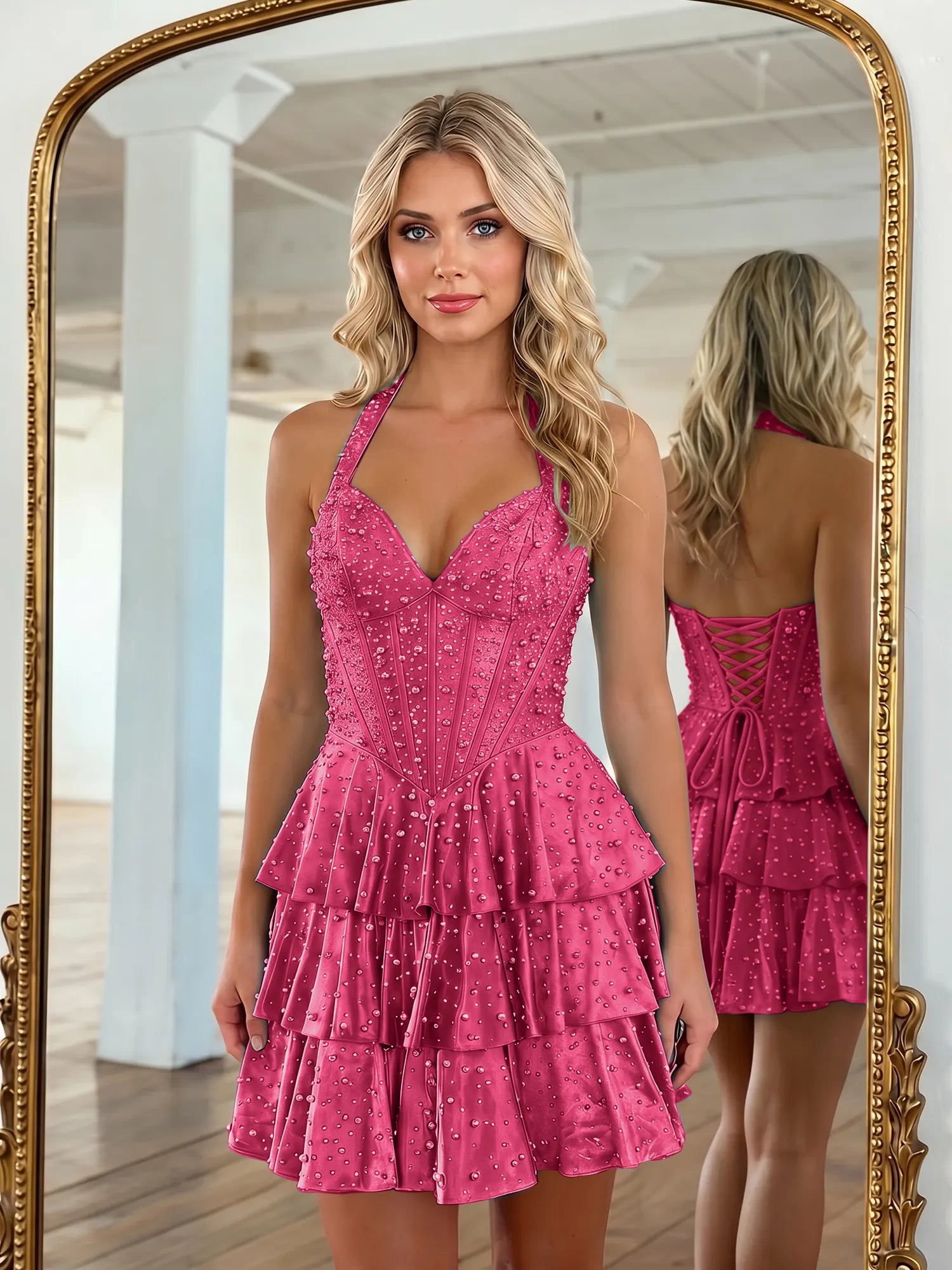 Halter Neck Pearl Beaded Tiered Short Homecoming Dresses