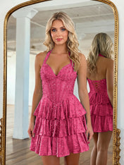 Halter Neck Pearl Beaded Tiered Short Homecoming Dresses