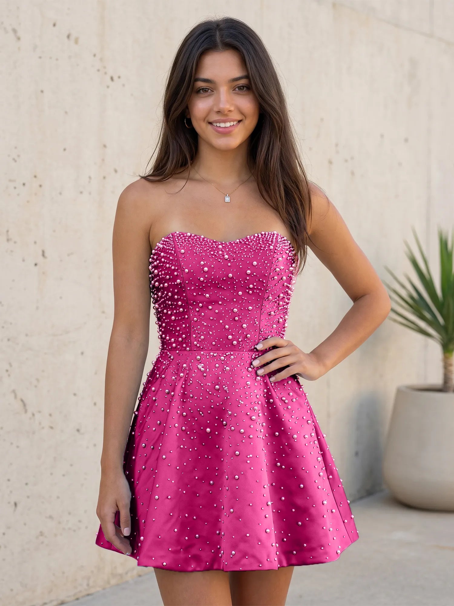 Baby Blue All Over Pearl Strapless Satin A-Line Mini Homecoming Dresses