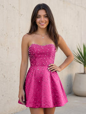 Baby Blue All Over Pearl Strapless Satin A-Line Mini Homecoming Dresses