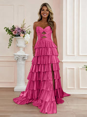 A Line Strapless Sweetheart Satin Prom Dress with Keyhole