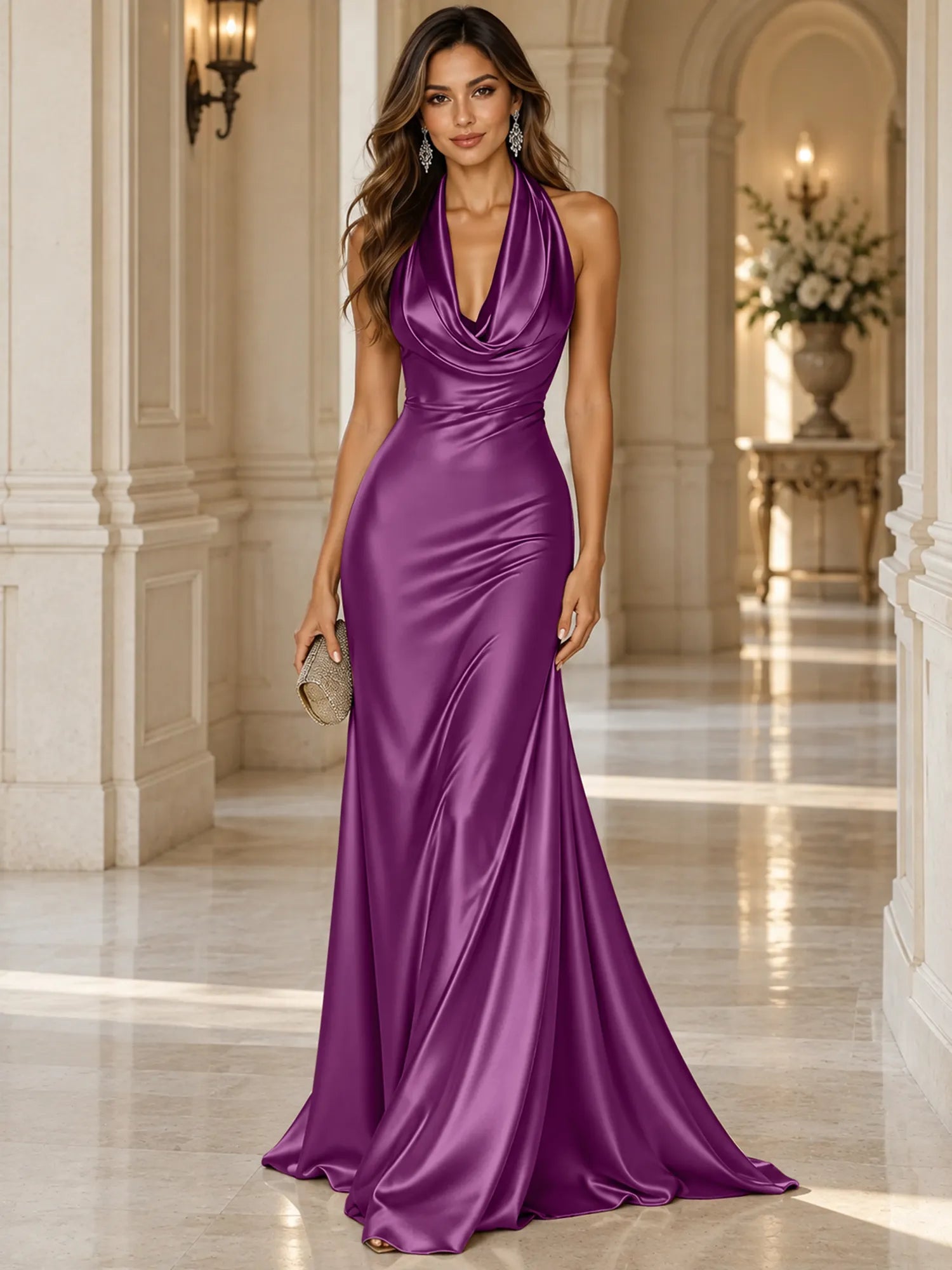 Elegant and Luxurious Cowl-neck Champagne Gold Satin Maxi Dress