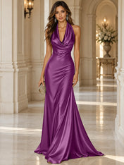 Elegant and Luxurious Cowl-neck Champagne Gold Satin Maxi Dress