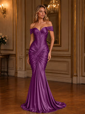 Burgundy Off-The-Shoulder Ruched Mermaid Floor-Length Gown Dress