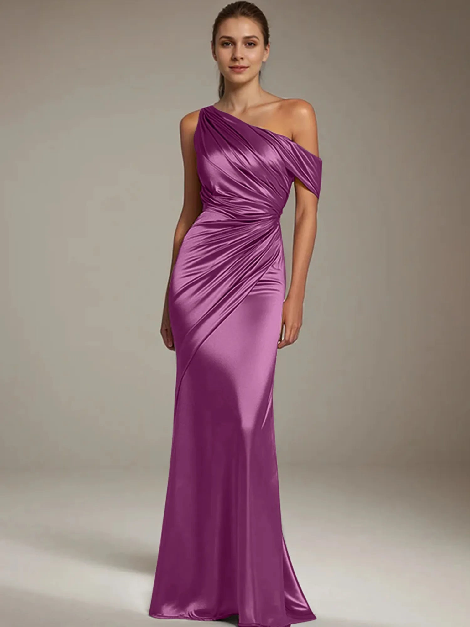 Formal Party Satin Dress Silver One-Shoulder Pleated  Floor-Length Dress