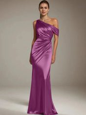 Formal Party Satin Dress Silver One-Shoulder Pleated  Floor-Length Dress