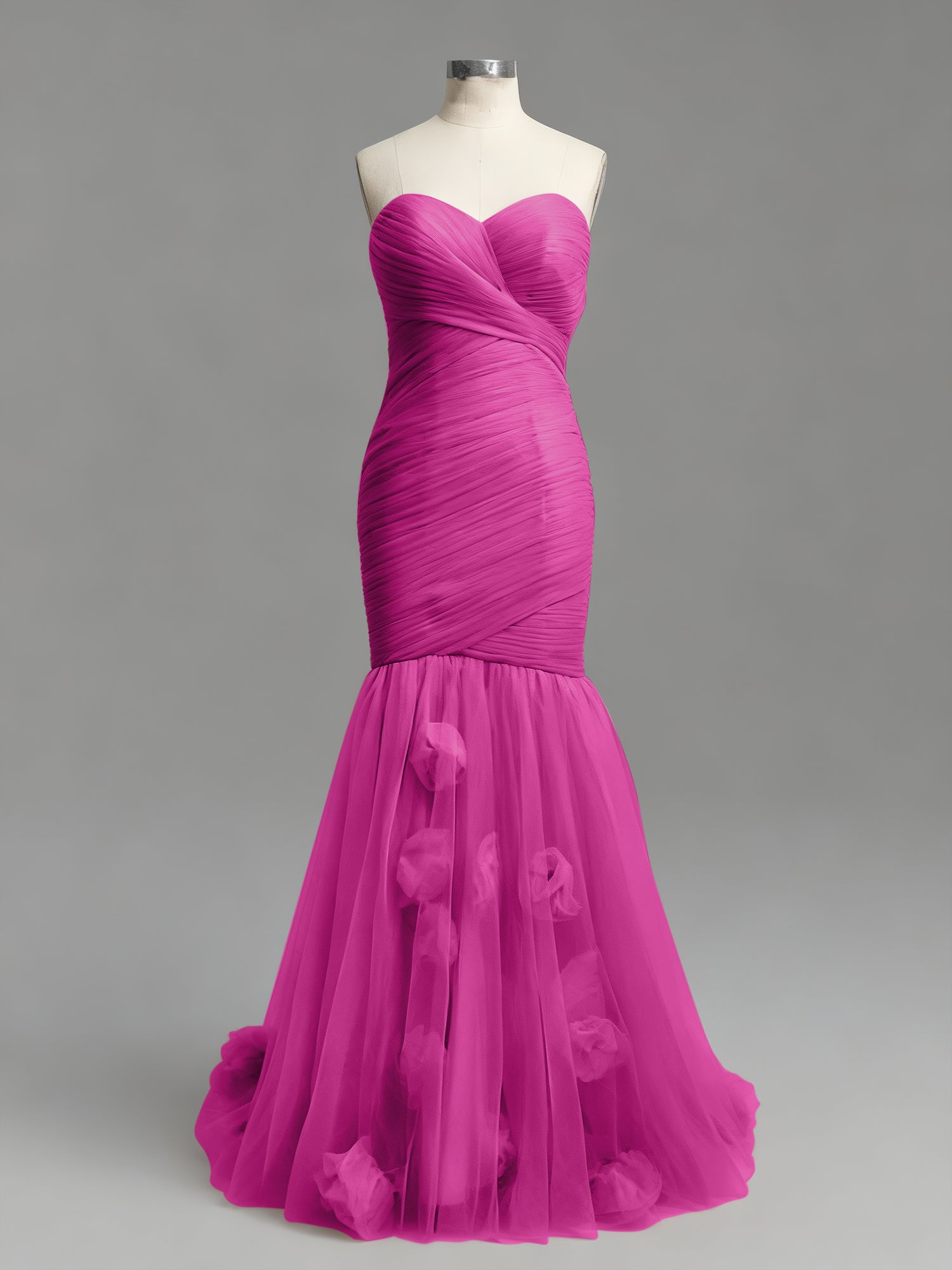 Dusty Rose Mermaid Strapless Ruched Tulle Prom Dress with 3D Floral