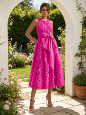 Pink 3D Floral Bow Crew Neck A-Line Midi Dress