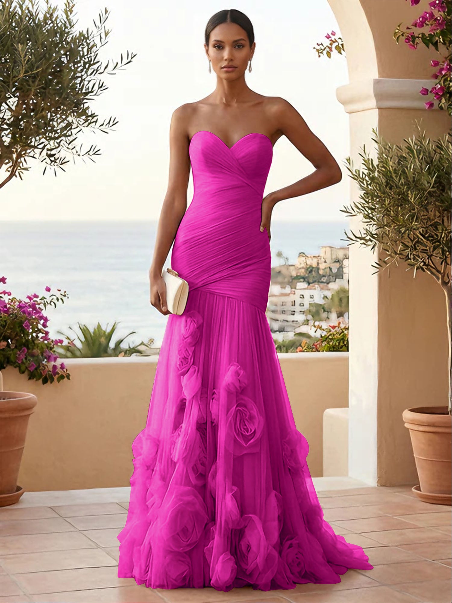 Sweetheart Tulle Pleat Mermaid Evening Dresses with 3D Flower