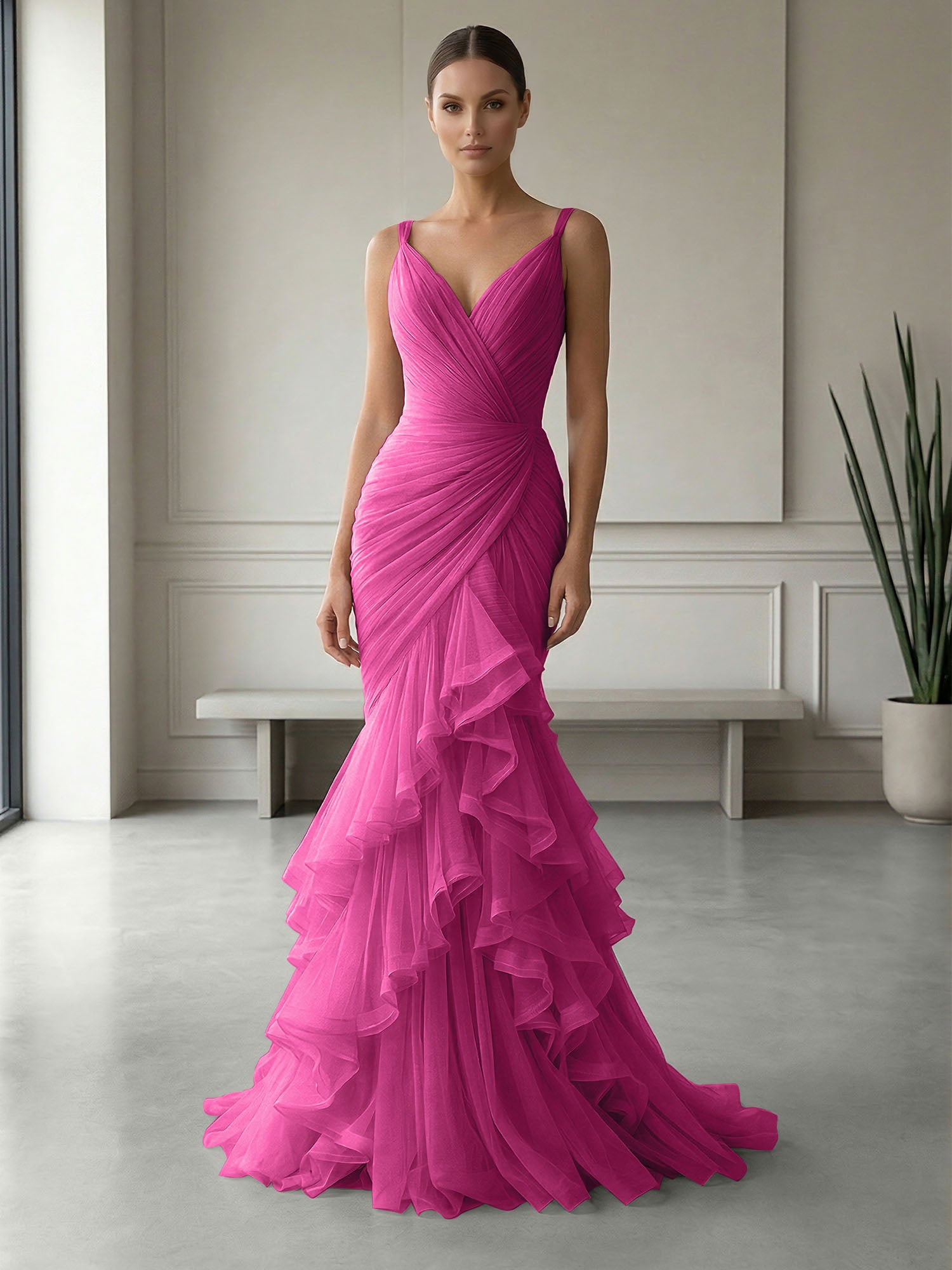 Mauve Folds Tulle Strapless Sleeveless Mermaid Gown Dress