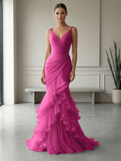 Mauve Folds Tulle Strapless Sleeveless Mermaid Gown Dress