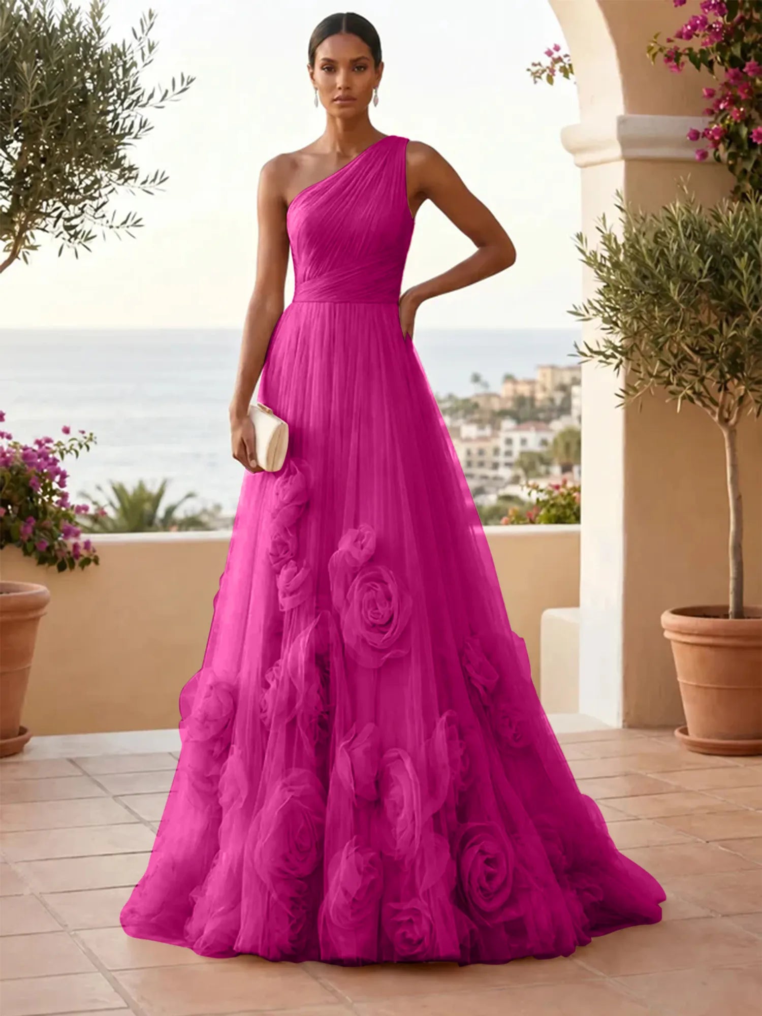 One-Shoulder Sweetheart Tulle Ball Gown with 3D Floral Accents Evening Dresses