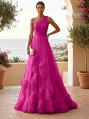 One-Shoulder Sweetheart Tulle Ball Gown with 3D Floral Accents Evening Dresses