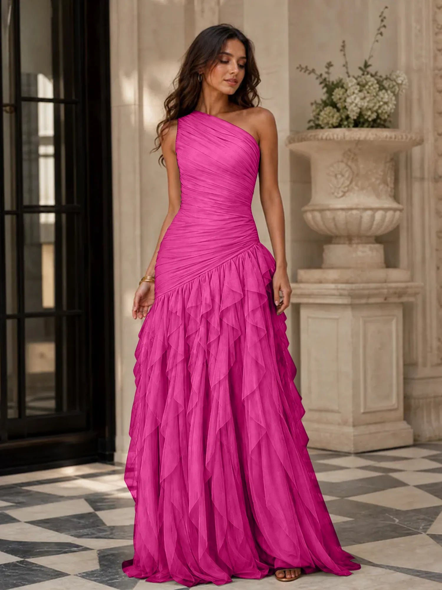 Emerald Green One-Shoulder Ruched Asymmetric Ruffle Chiffon Floor-Length Gown Dress