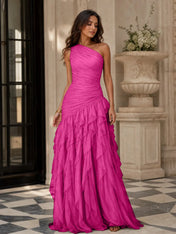 Emerald Green One-Shoulder Ruched Asymmetric Ruffle Chiffon Floor-Length Gown Dress