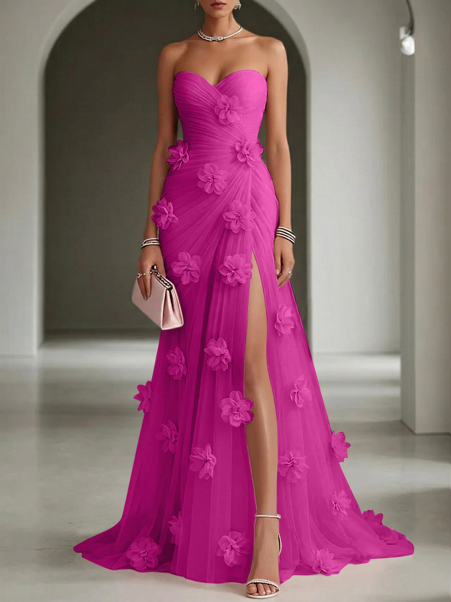 Ethereal Blush Slit 3D Floral Strapless Tulle Gown Dress