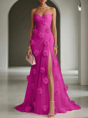 Ethereal Blush Slit 3D Floral Strapless Tulle Gown Dress