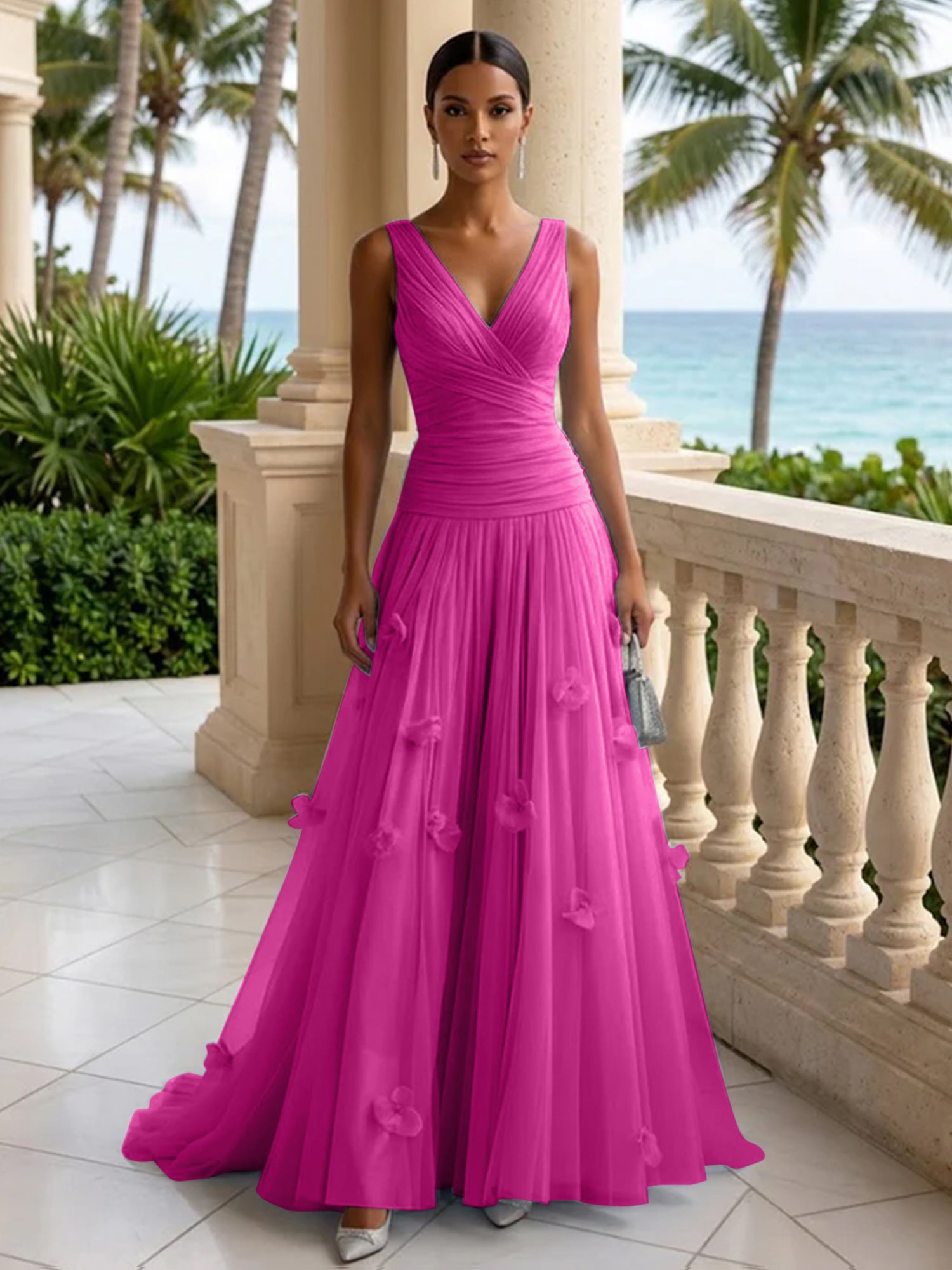 Light Blue Evening Dress with 3D Flower V Neck Pleat Maxi Dress