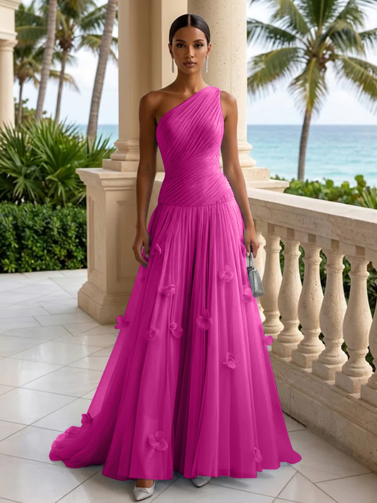 Light Blue Evening Dress with 3D Flower One Shoulder Pleat Maxi Dress