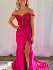 Pink Mermaid Off-Shoulder Sweetheart Appliques Pleated Prom Dress with Slit