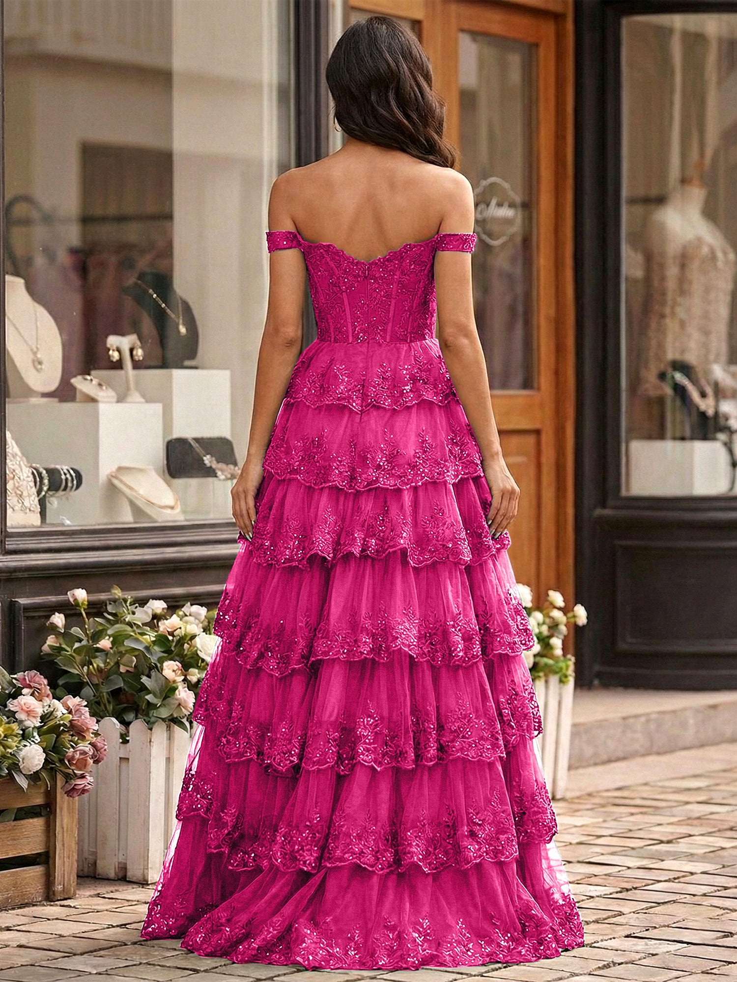 Emerald Green Lace Corset Tiered Ruffle Long Prom Dress with Slit