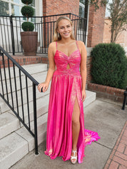 Fuchsia Straps Metallic Long Prom Dress with Keyhole