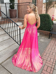 Fuchsia Straps Metallic Long Prom Dress with Keyhole