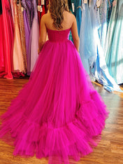 Fuchsia Sweetheart Strapless Tiered Tulle Long Prom Dress