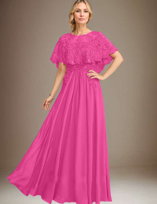 A-line Boat Neck Floor-Length Lace Chiffon Mother of the Bride Dress With Applique Sequins