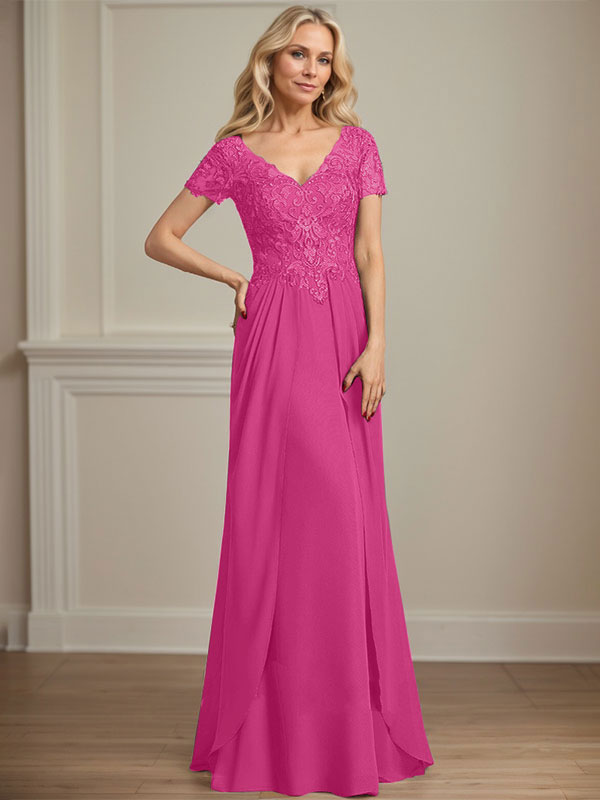 A-line V-Neck Floor-Length Chiffon Lace Mother of the Bride Dress