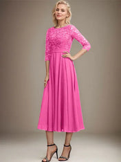 A-line Scoop Tea-Length Lace Chiffon Mother of the Bride Dress With Sequins