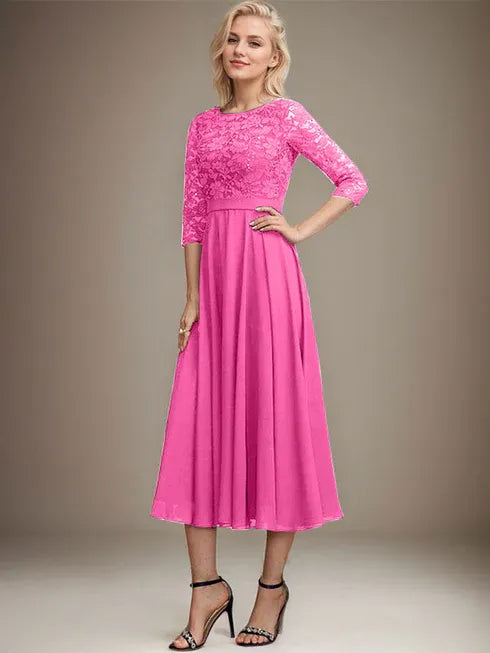 A-line Scoop Tea-Length Lace Chiffon Mother of the Bride Dress With Sequins