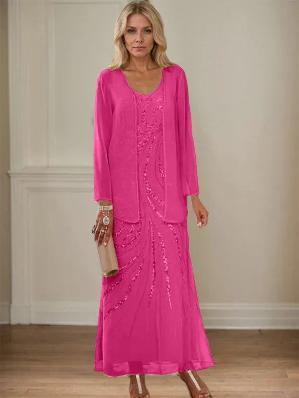 Robe de mère de la mariée fourreau/colonne, col en V, longueur cheville, avec veste et paillettes 