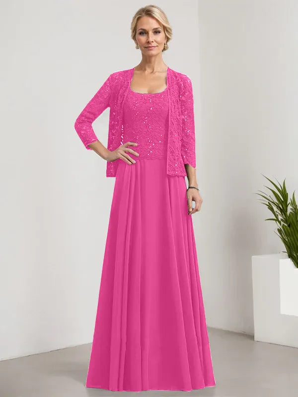 Robe de mère de la mariée trapèze carrée, longueur au sol, en mousseline de soie et dentelle, avec paillettes 