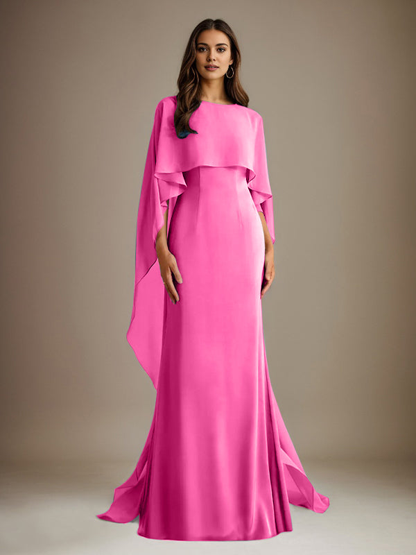 Robe de mère de la mariée en mousseline, coupe fourreau/colonne, col bateau, longueur ras du sol, avec volants en cascade 