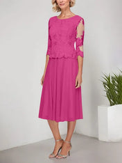 A-line Scoop Tea-Length Lace Chiffon Mother of the Bride Dress With Embroidery