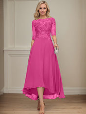 A-line Boat Neck Illusion Asymmetrical Chiffon Lace Mother of the Bride Dress With Sequins Beading