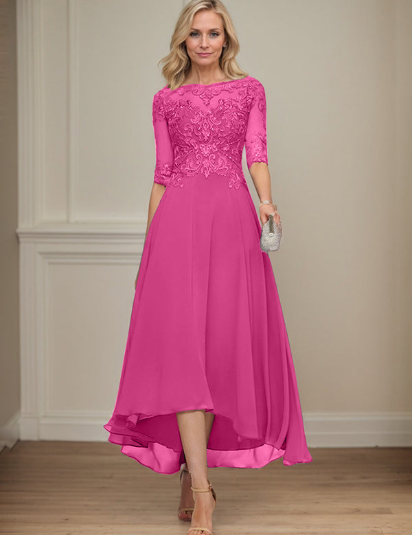 A-line Boat Neck Illusion Asymmetrical Chiffon Lace Mother of the Bride Dress With Sequins Beading